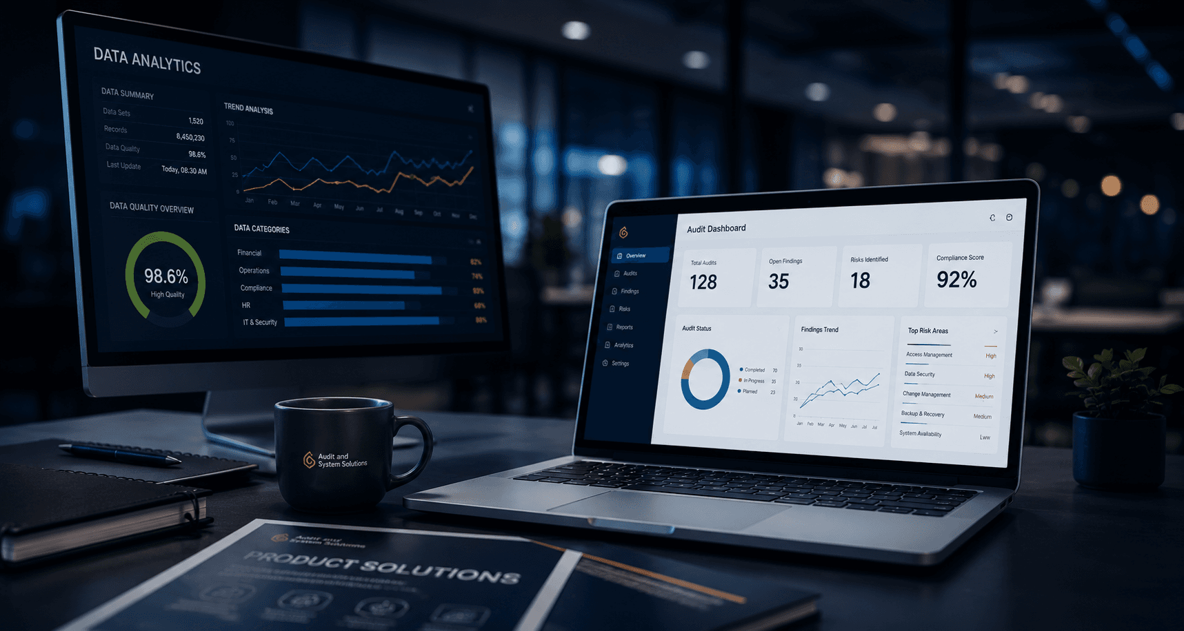Professional technology workspace for audit analytics and reporting solutions