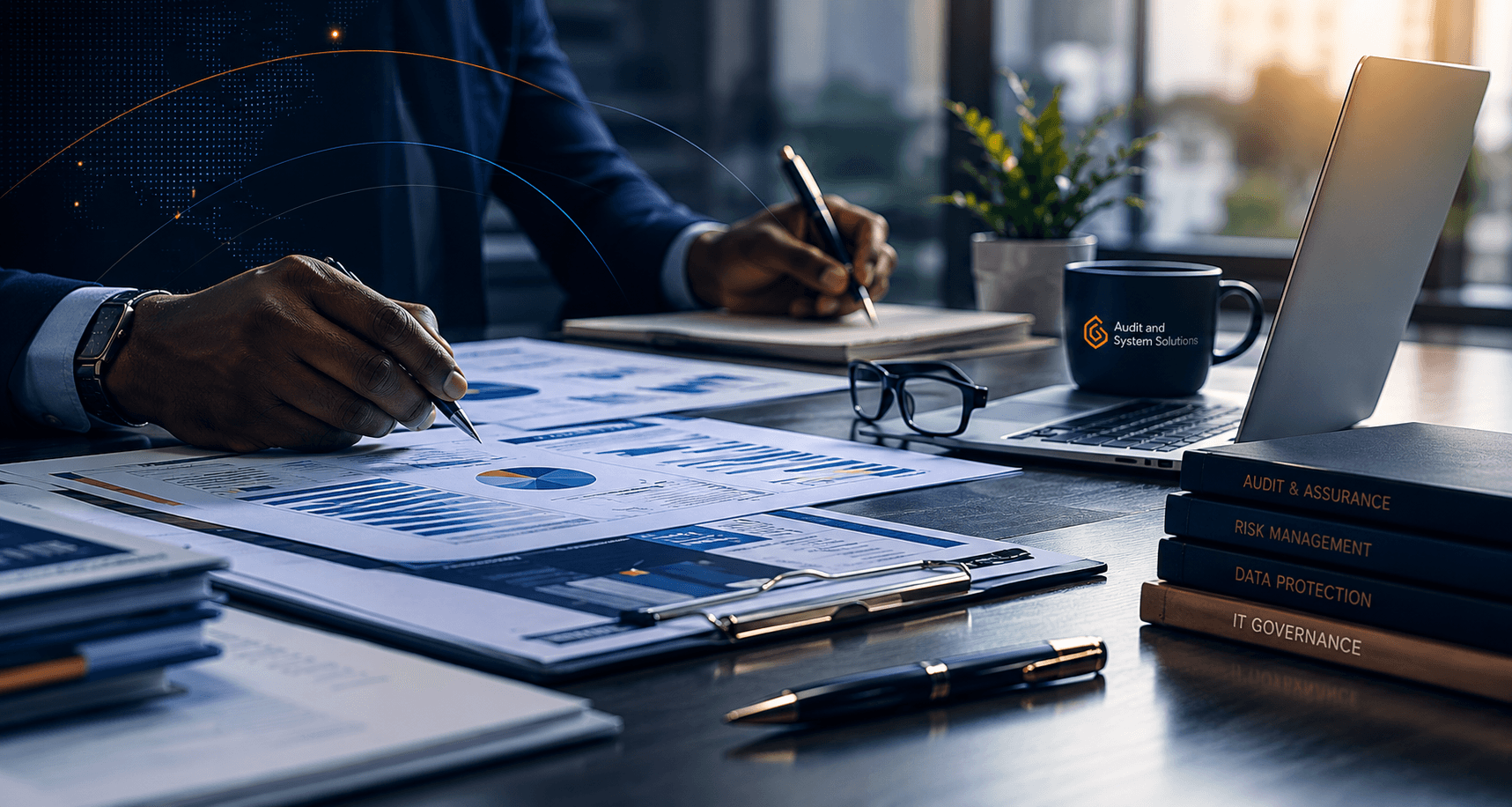 Audit workspace with documents and assurance review materials